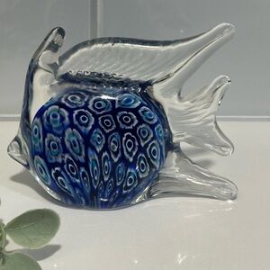 Art Glass Angel Fish Paperweight Blown Millefiori Blue White  Figurine 4" VTG